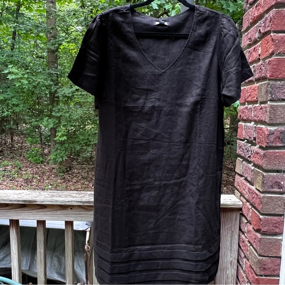 NWT Nicole Miller Black V-Neck Short Flutter Sleeve Linen Blend Dress Sz L - Picture 7 of 10
